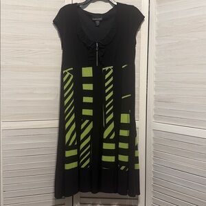 Frank Lyman Design Black and Lime Green Geometric Fit-and-Flare Dress. Size 10